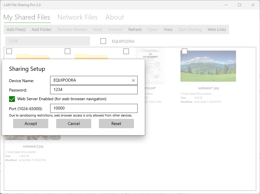 Lan File Sharing Pro: Sharing Setup